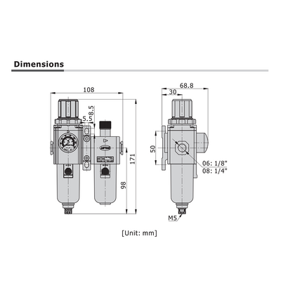 GTFC20008SNWTK AIRTAC SMALL FRL ASSEMBLY<BR>GTFC200 SERIES 1/4" NPT 20-130 PSI PART FILT, REG, LUB 5 MIC NO GA INT CHK